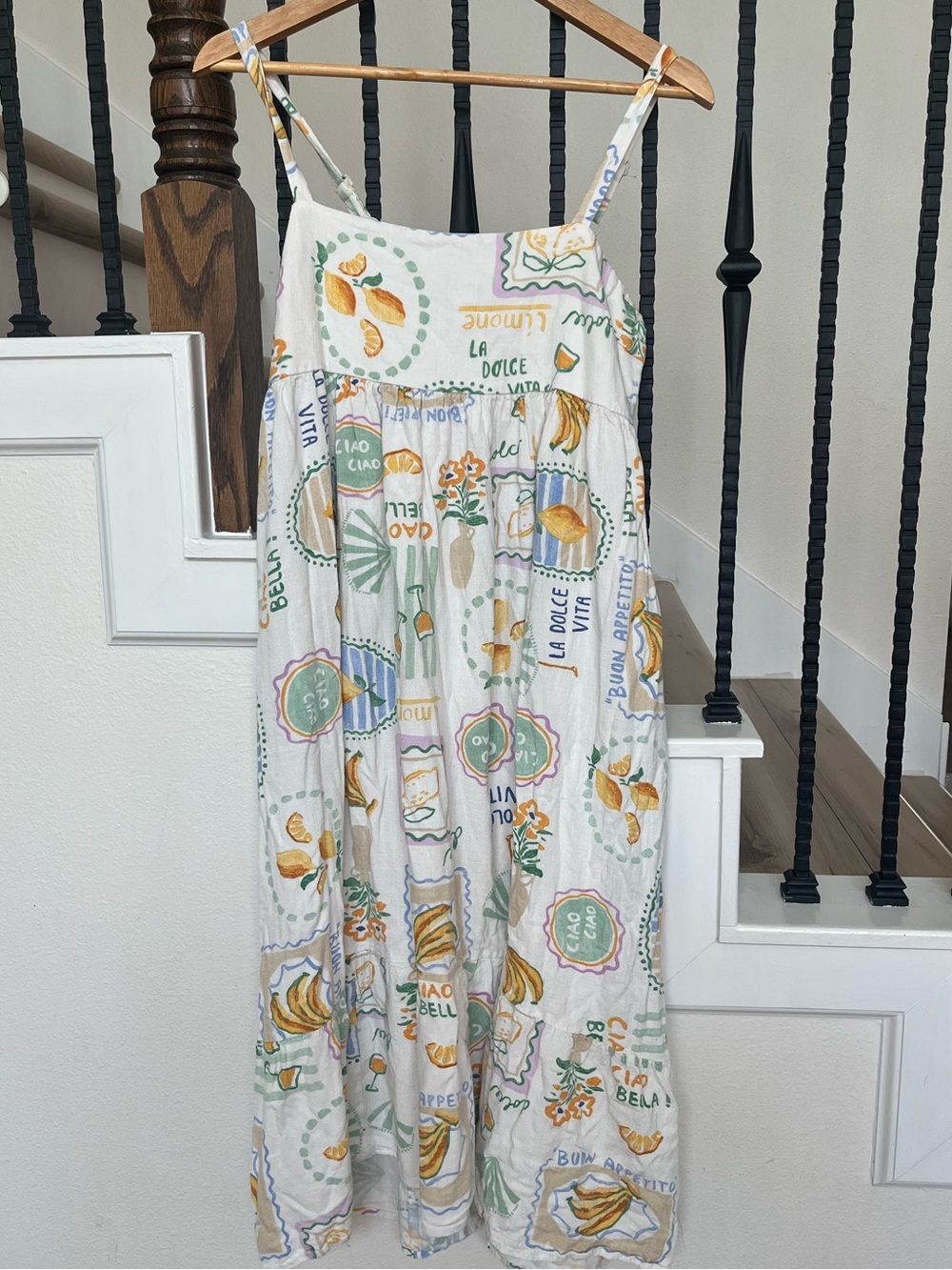 Paper Heart White Yellow Green Linen Blend Dress with Italian Summer Print